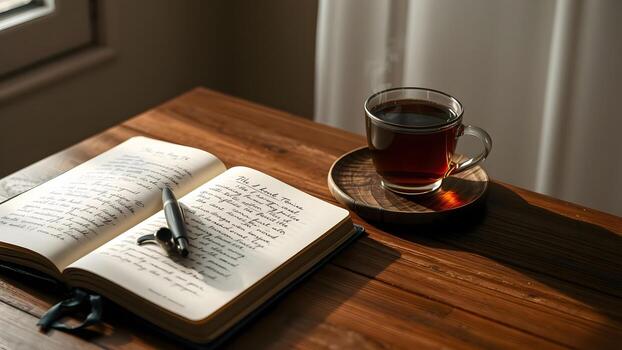 Person enjoying a relaxed morning routine with a notebook and tea