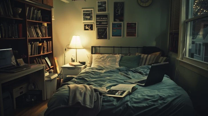 Cozy bedside table with a warm lamp and an open book in the evening