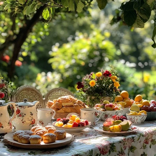 Sunlit breakfast table with notebook, water and fresh fruit